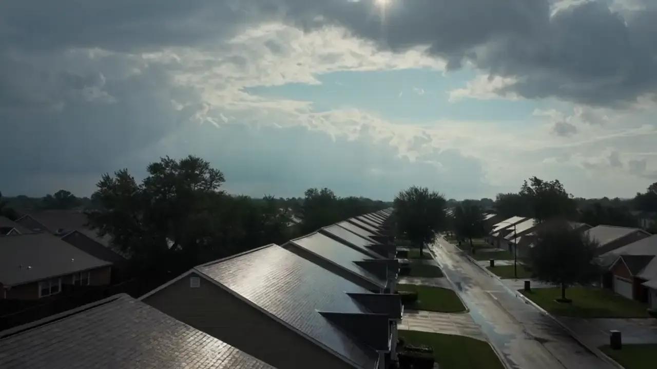 Suburban rooftops in soft light after a storm.
