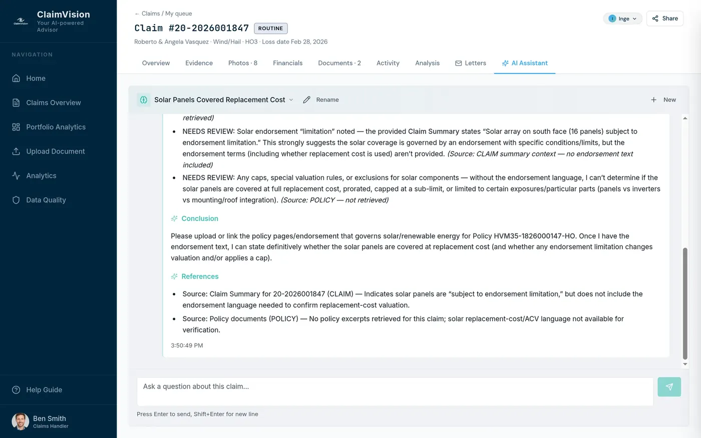 ClaimVision's assistant answering a coverage question on a fictitious example claim, marking what needs review and asking for the policy page it doesn't have.