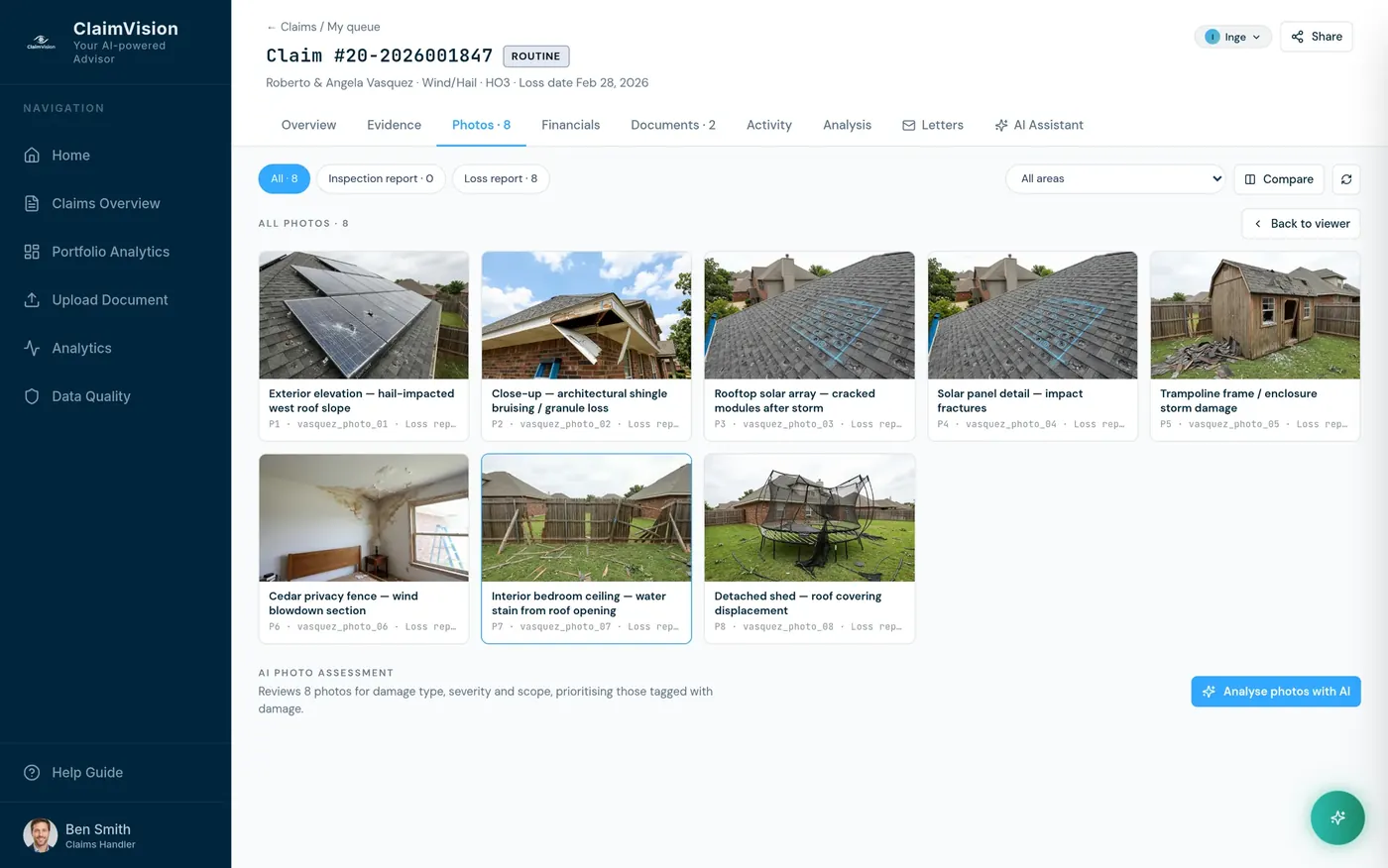 ClaimVision's photos view on a fictitious example claim: eight storm-damage photos, each tagged with what it shows.