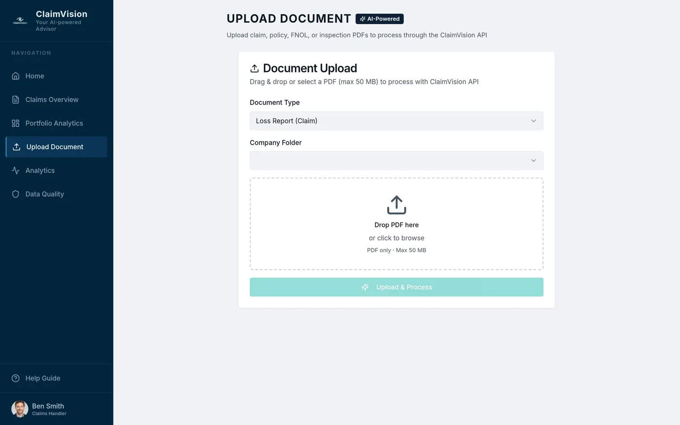 ClaimVision's upload screen for claim, policy, first-notice and inspection PDFs.