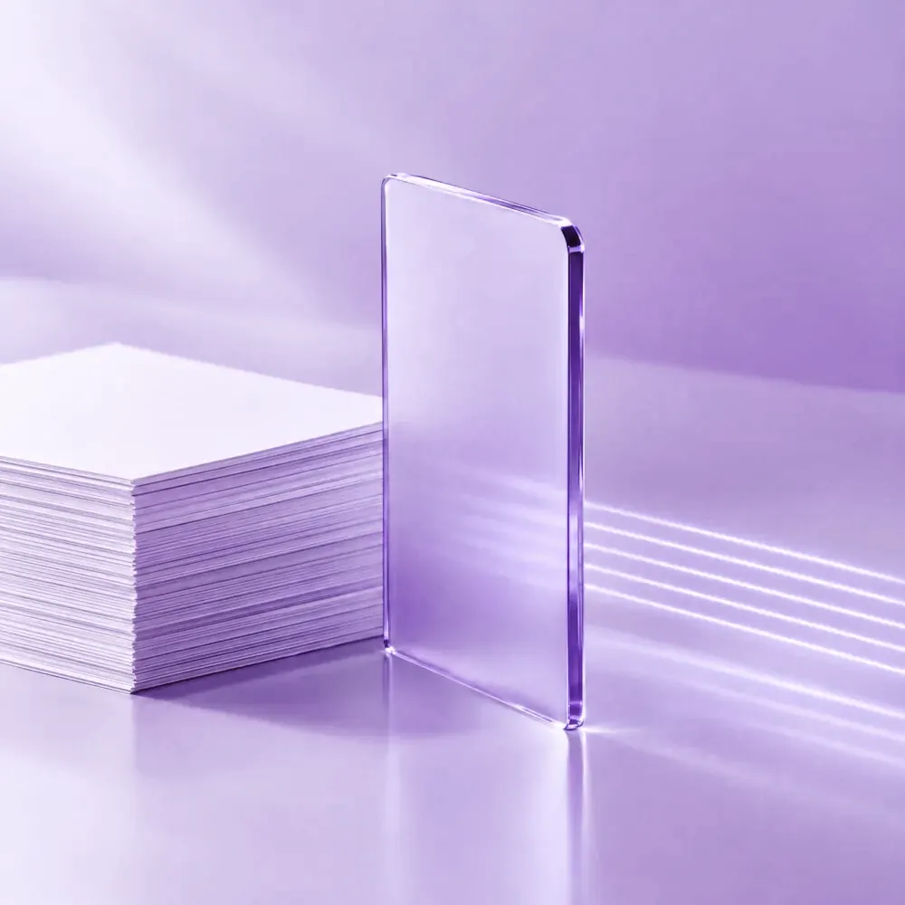 A stack of paper documents beside a pane of frosted glass; on the far side, the light comes through as a few clean lines.